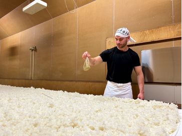 A participant handling rice during sake brewing